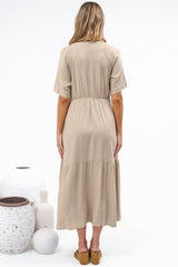 Savannah Midi Dress - V Neck Shirred Waist A Line Linen Dress with Short Sleeves in Beige