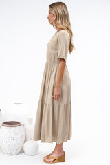 Savannah Midi Dress - V Neck Shirred Waist A Line Linen Dress with Short Sleeves in Beige