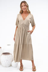 Savannah Midi Dress - V Neck Shirred Waist A Line Linen Dress with Short Sleeves in Beige