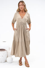 Savannah Midi Dress - V Neck Shirred Waist A Line Linen Dress with Short Sleeves in Beige