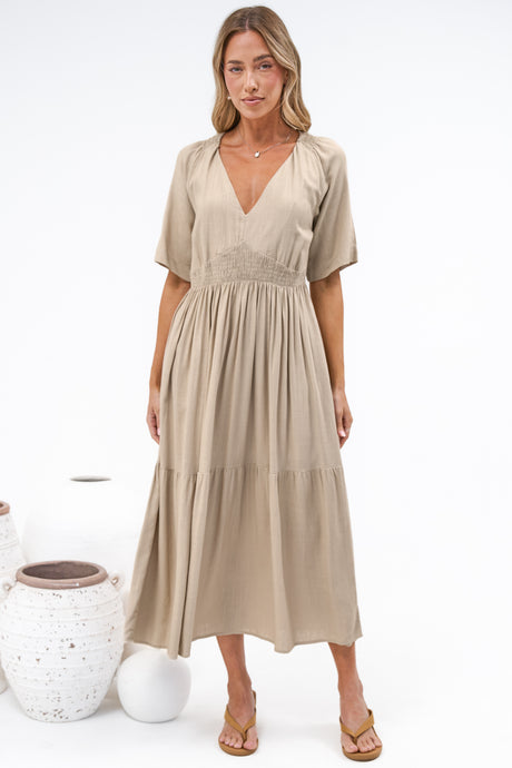 Savannah Midi Dress - V Neck Shirred Waist A Line Linen Dress with Short Sleeves in Beige