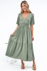 Savannah Midi Dress - V Neck Shirred Waist A Line Linen Dress with Short Sleeves in Khaki