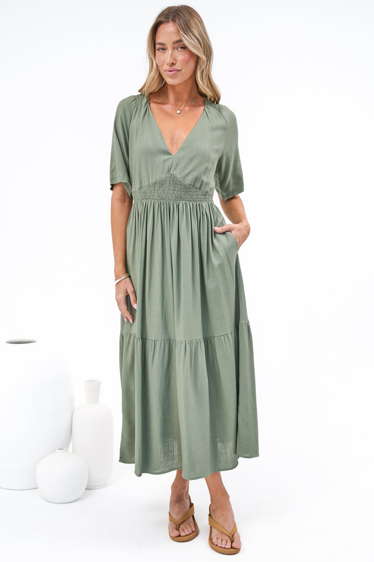 Savannah Midi Dress - V Neck Shirred Waist A Line Linen Dress with Short Sleeves in Khaki