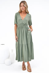 Savannah Midi Dress - V Neck Shirred Waist A Line Linen Dress with Short Sleeves in Khaki