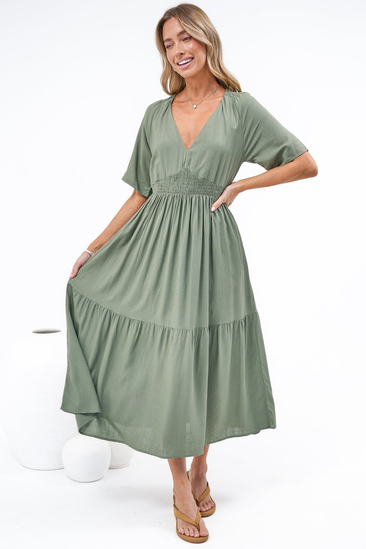 Savannah Midi Dress - V Neck Shirred Waist A Line Linen Dress with Short Sleeves in Khaki
