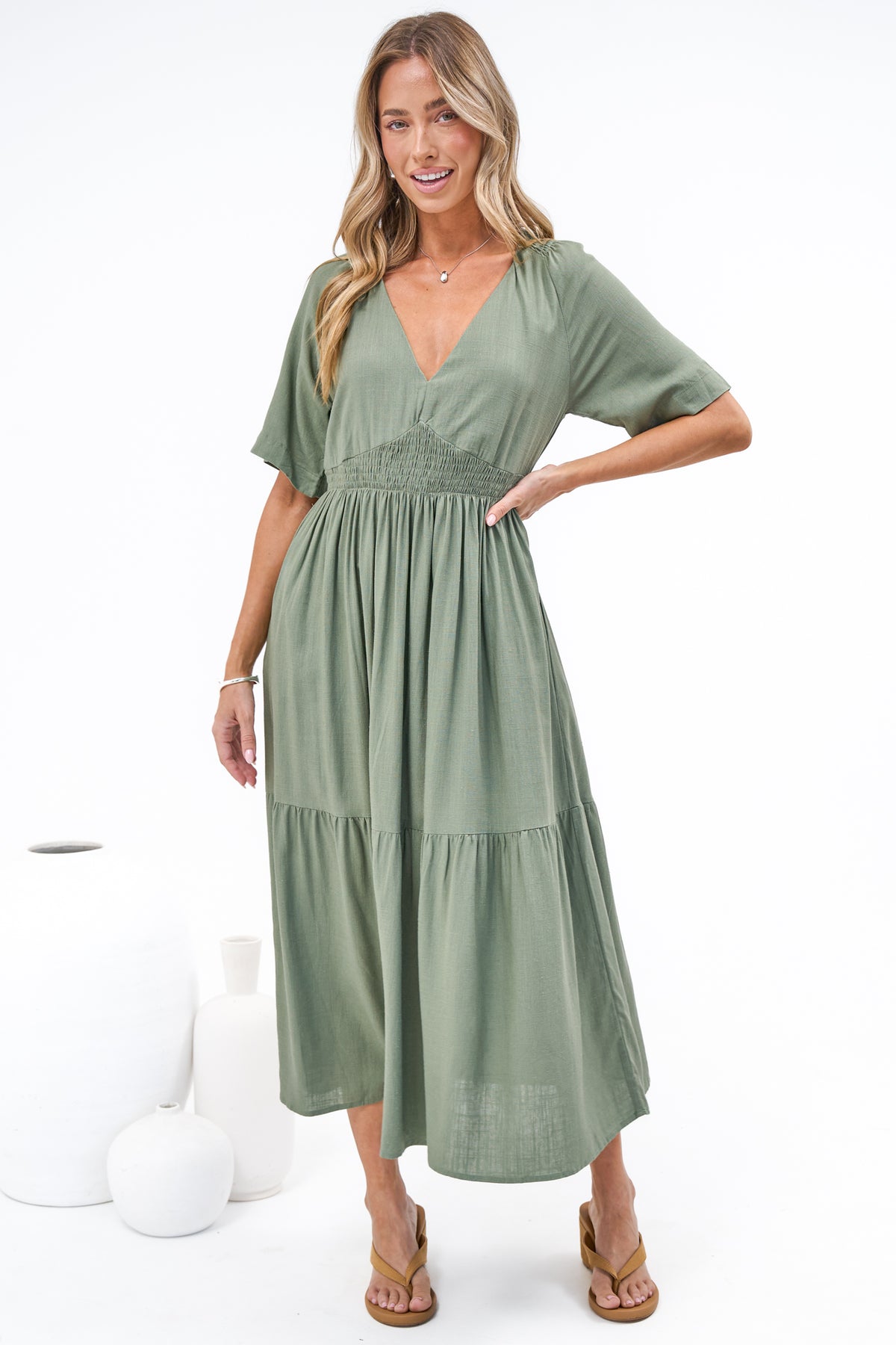 Savannah Midi Dress - V Neck Shirred Waist A Line Linen Dress with Short Sleeves in Khaki