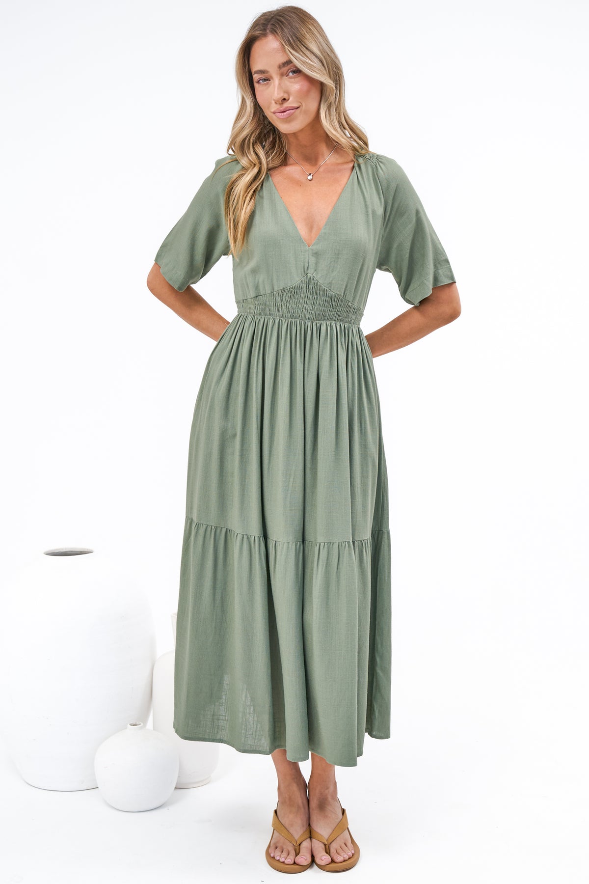 Savannah Midi Dress - V Neck Shirred Waist A Line Linen Dress with Short Sleeves in Khaki