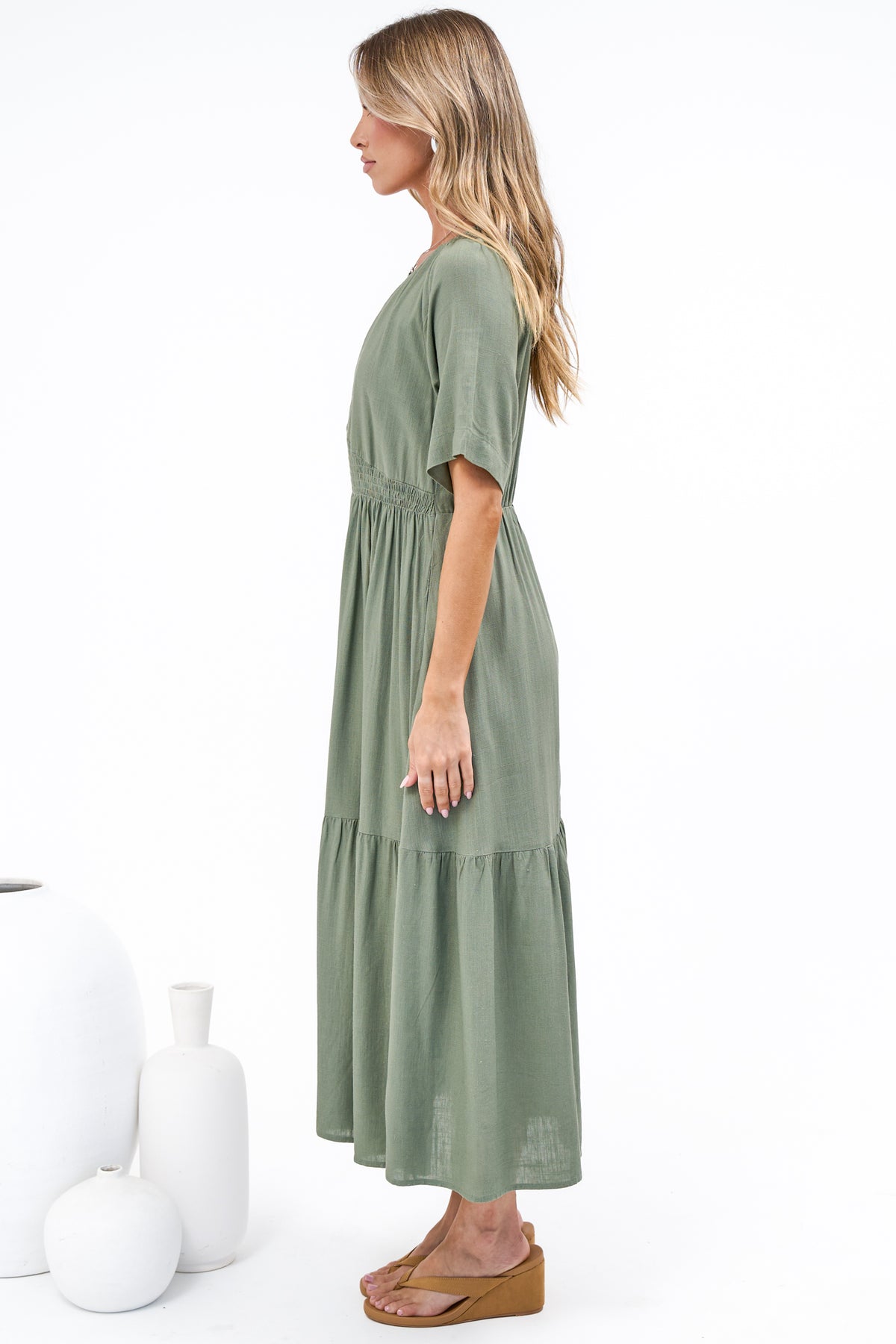 Savannah Midi Dress - V Neck Shirred Waist A Line Linen Dress with Short Sleeves in Khaki