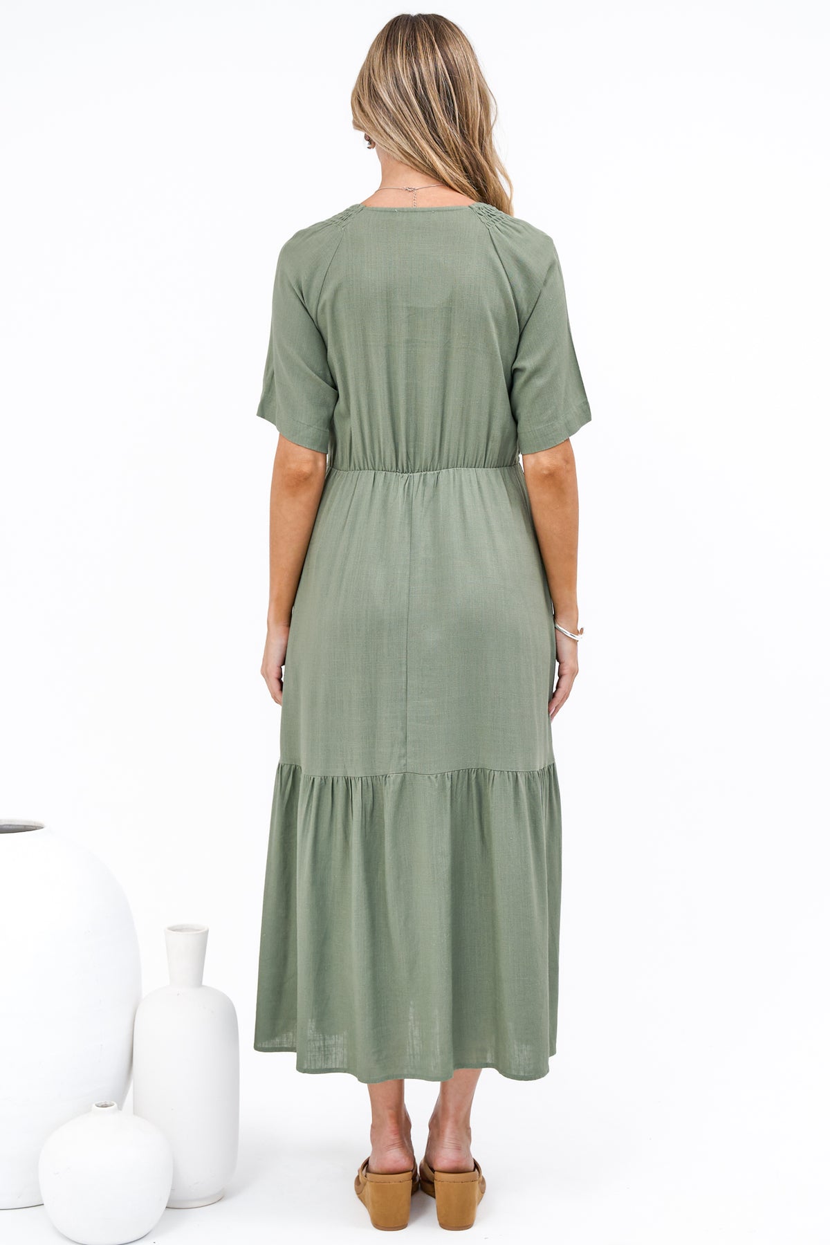Savannah Midi Dress - V Neck Shirred Waist A Line Linen Dress with Short Sleeves in Khaki