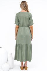 Savannah Midi Dress - V Neck Shirred Waist A Line Linen Dress with Short Sleeves in Khaki