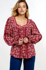 Savvy Blouse - Milkmaid Neckline Lace Trim Button Down in Roux Print