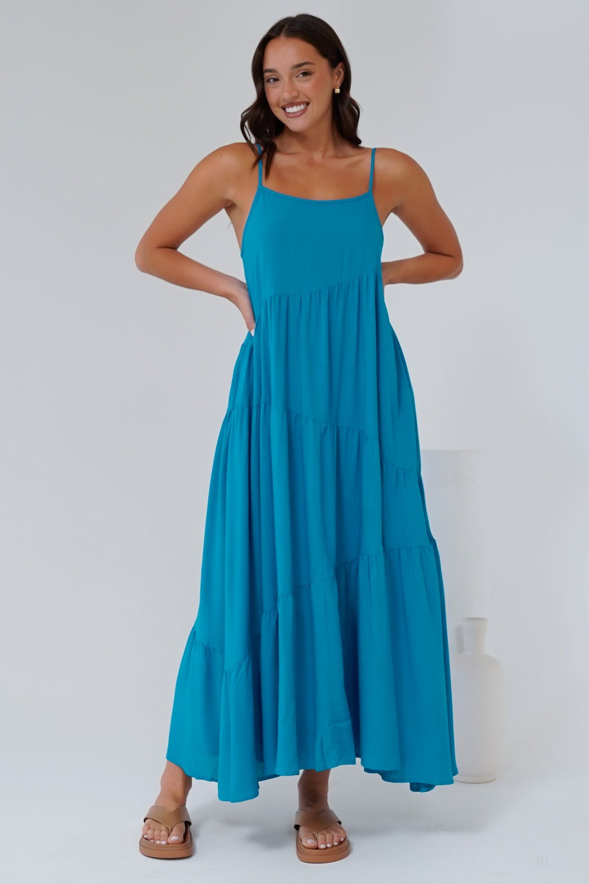 Saylor Maxi Dress - Spaghetti Strap Asymmetric Tiered Dress in Turquoise