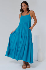 Saylor Maxi Dress - Spaghetti Strap Asymmetric Tiered Dress in Turquoise