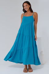 Saylor Maxi Dress - Spaghetti Strap Asymmetric Tiered Dress in Turquoise
