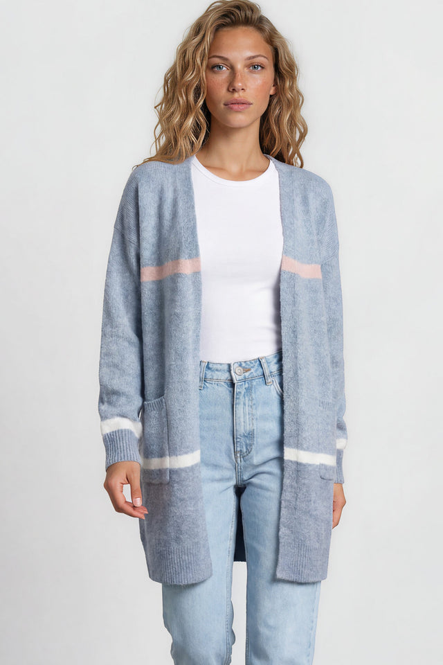 Model wearing Saylor Cardigan in Blue from Salty Crush