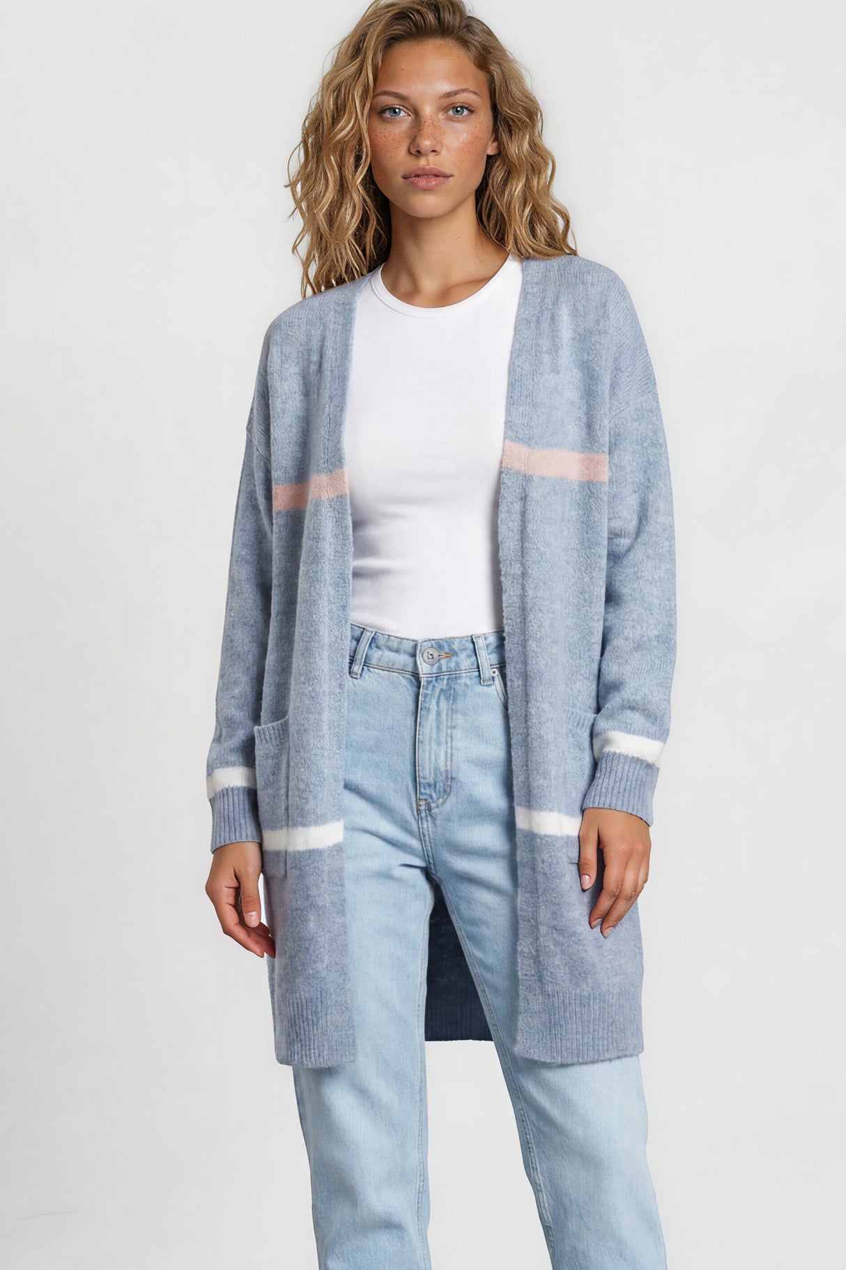 Model wearing Saylor Cardigan in Blue from Salty Crush