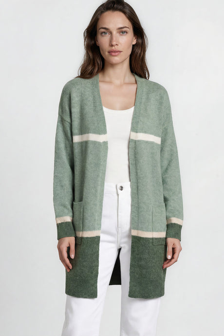 Model wearing Saylor Cardigan in Green from Salty Crush