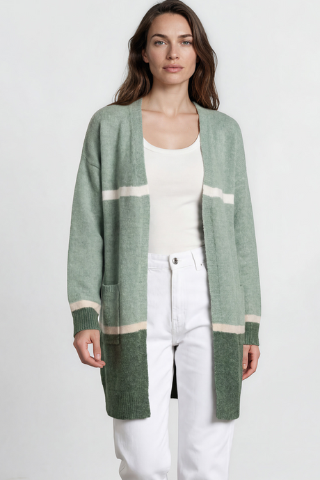 Model wearing Saylor Cardigan in Green from Salty Crush