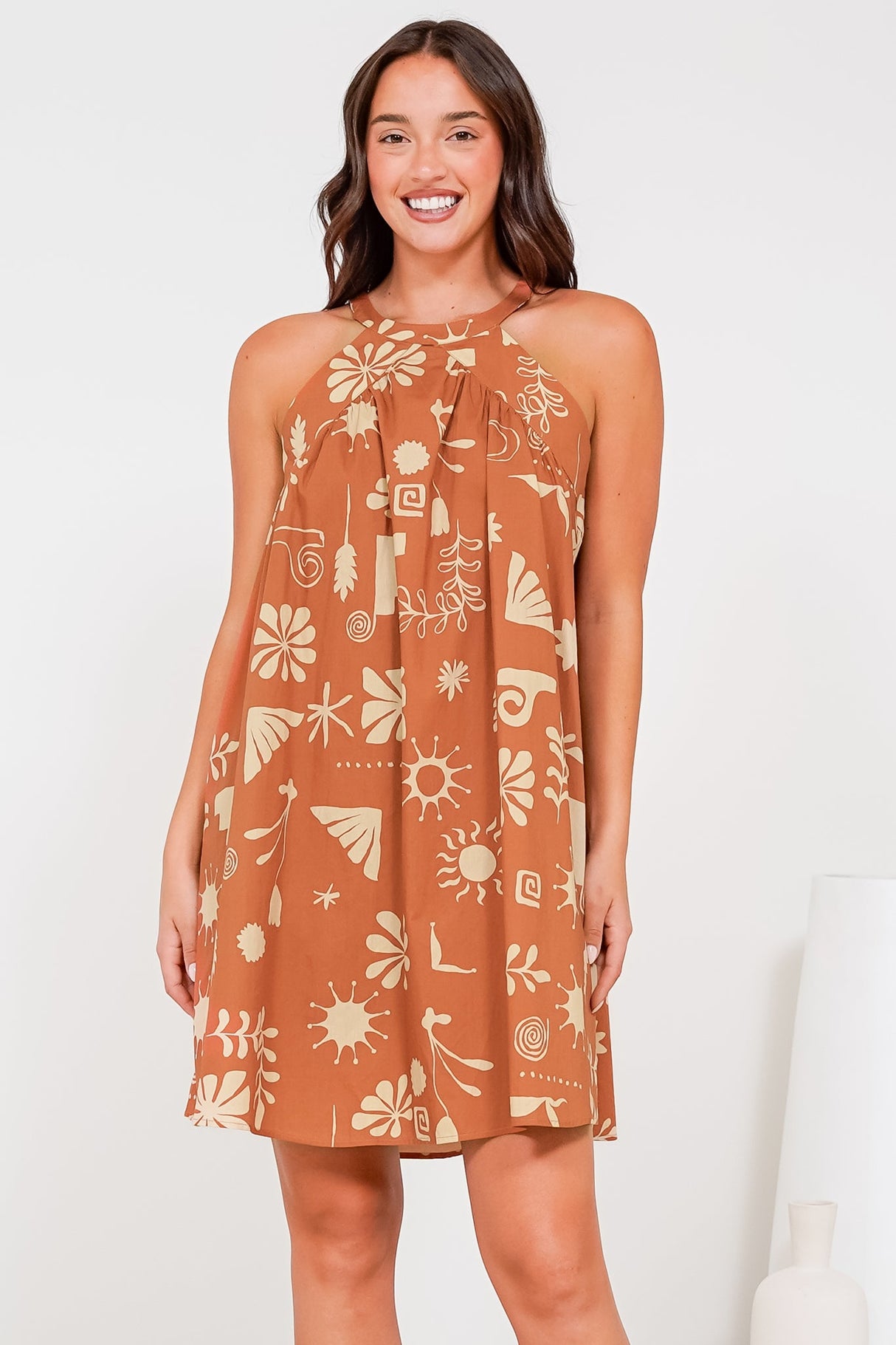 Schafer Mini Dress - Halter Neck Shift Dress in Solana Print