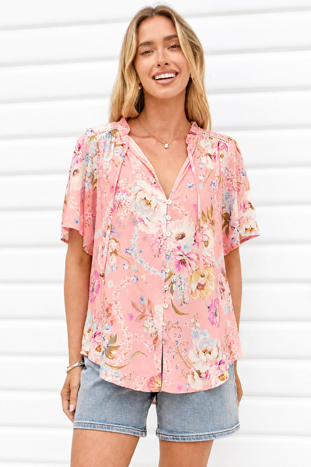 Scheana Blouse - Frill Collar Button Down with Flutter Sleeves in Ginnee Print