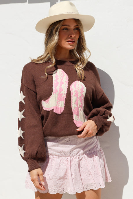 Scoot Jumper - Crew Neck Cowgirl Boot & Star Motif Knit with Balloon Sleeves in Chocolate