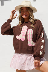 Scoot Jumper - Crew Neck Cowgirl Boot & Star Motif Knit with Balloon Sleeves in Chocolate