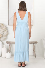 Scout Linen Maxi Dress - Thick Strap Adjustable Bust with Tie Linen Blend Sun Dress in Blue