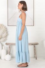 Scout Linen Maxi Dress - Thick Strap Adjustable Bust with Tie Linen Blend Sun Dress in Blue