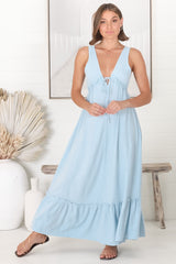 Scout Linen Maxi Dress - Thick Strap Adjustable Bust with Tie Linen Blend Sun Dress in Blue
