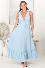 Scout Linen Maxi Dress - Thick Strap Adjustable Bust with Tie Linen Blend Sun Dress in Blue