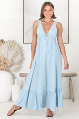 Scout Linen Maxi Dress - Thick Strap Adjustable Bust with Tie Linen Blend Sun Dress in Blue
