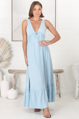Scout Linen Maxi Dress - Thick Strap Adjustable Bust with Tie Linen Blend Sun Dress in Blue