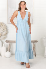 Scout Linen Maxi Dress - Thick Strap Adjustable Bust with Tie Linen Blend Sun Dress in Blue