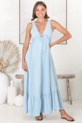 Scout Linen Maxi Dress - Thick Strap Adjustable Bust with Tie Linen Blend Sun Dress in Blue