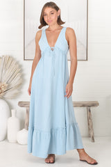 Scout Linen Maxi Dress - Thick Strap Adjustable Bust with Tie Linen Blend Sun Dress in Blue