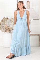 Scout Linen Maxi Dress - Thick Strap Adjustable Bust with Tie Linen Blend Sun Dress in Blue