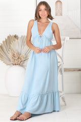 Scout Linen Maxi Dress - Thick Strap Adjustable Bust with Tie Linen Blend Sun Dress in Blue