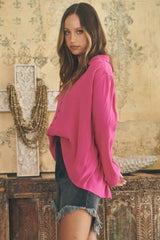 JAASE - Petra Shirt: Long Sleeve Button Down Draped Shirt in Pink