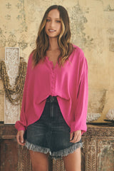 JAASE - Petra Shirt: Long Sleeve Button Down Draped Shirt in Pink