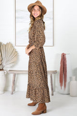 Seara Maxi Dress - Button Down Bodice Tiered A-Line Dress in Leopard Print