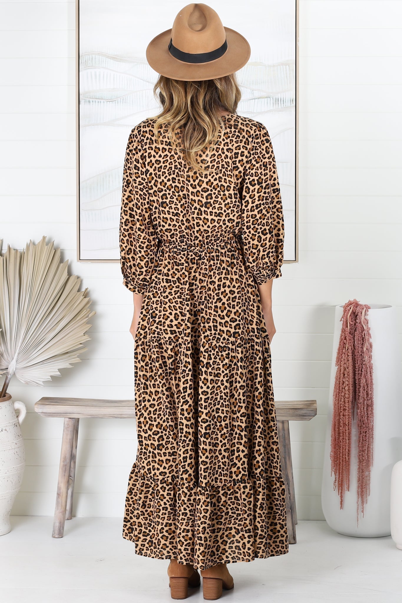 Seara Maxi Dress - Button Down Bodice Tiered A-Line Dress in Leopard Print