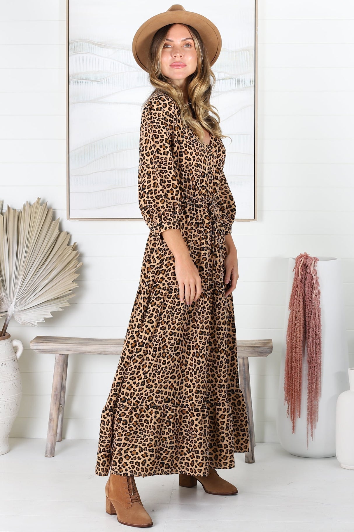 Seara Maxi Dress - Button Down Bodice Tiered A-Line Dress in Leopard Print