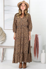 Seara Maxi Dress - Button Down Bodice Tiered A-Line Dress in Leopard Print