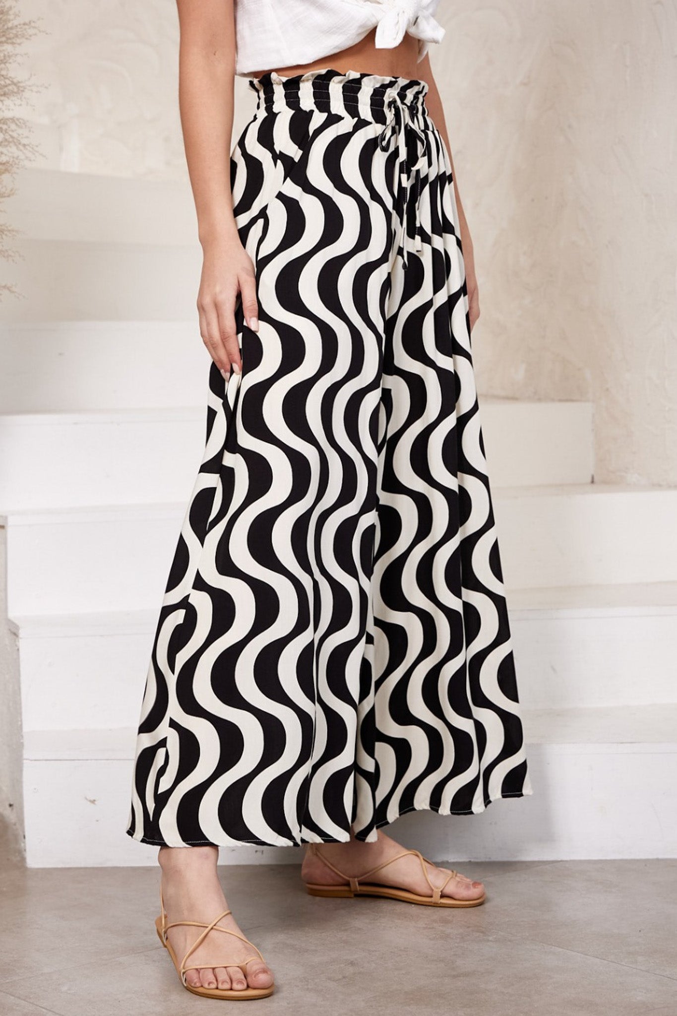 Selda Pants - Paper Bag High Waisted Wide Leg Pant In Graphic Print