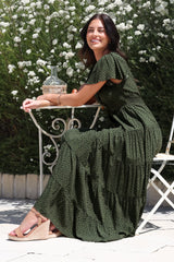 Selena Maxi Dress - Tiered A-Line Dress with Flutter Cap Sleeves in Borah Print Green