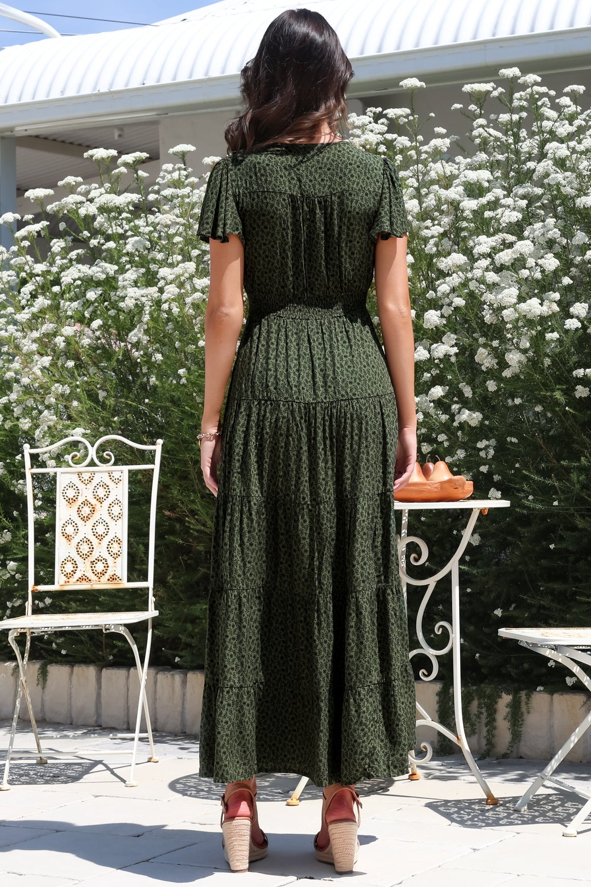 Selena Maxi Dress - Tiered A-Line Dress with Flutter Cap Sleeves in Borah Print Green