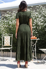 Selena Maxi Dress - Tiered A-Line Dress with Flutter Cap Sleeves in Borah Print Green
