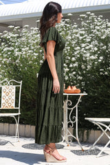 Selena Maxi Dress - Tiered A-Line Dress with Flutter Cap Sleeves in Borah Print Green