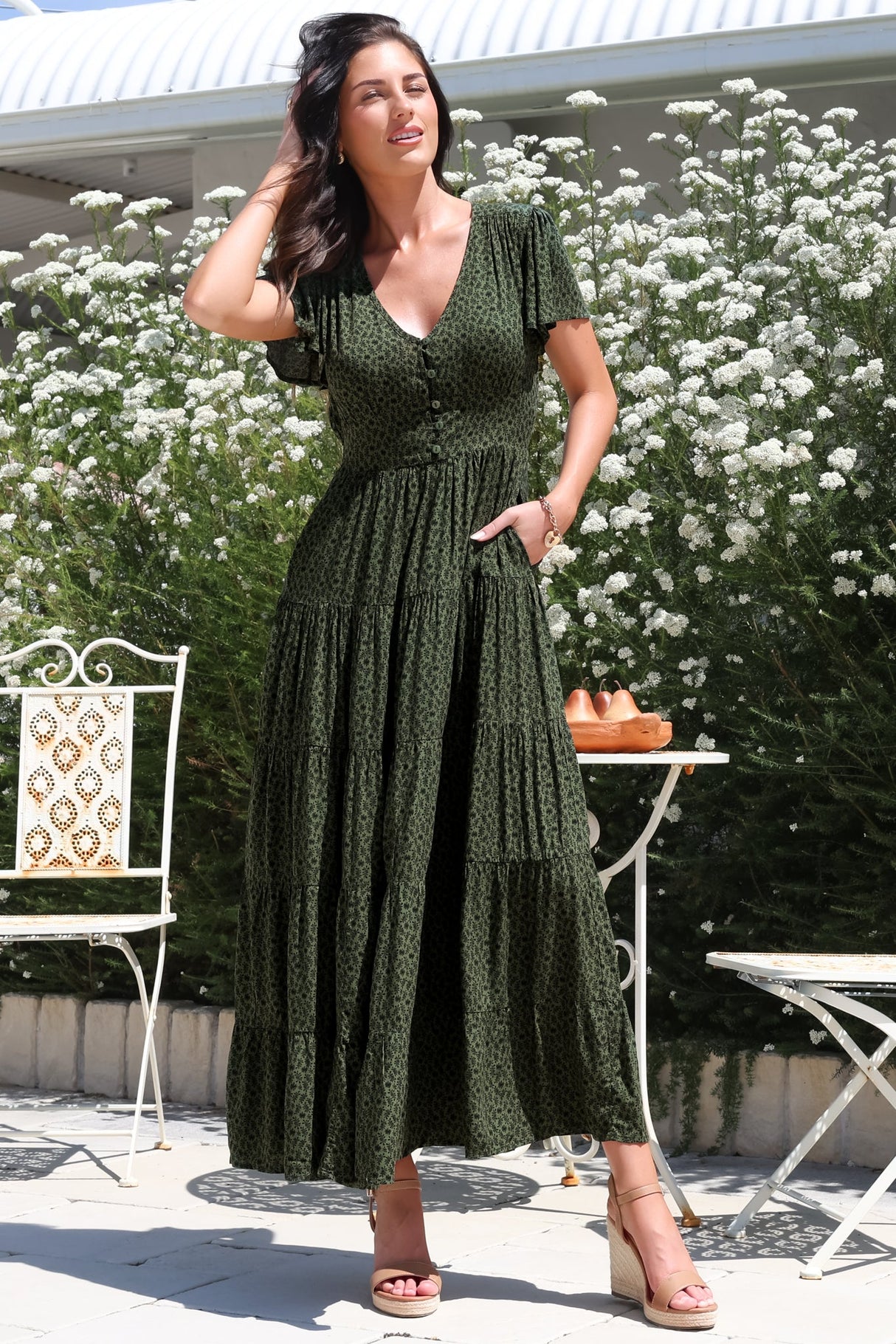 Selena Maxi Dress - Tiered A-Line Dress with Flutter Cap Sleeves in Borah Print Green