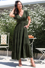 Selena Maxi Dress - Tiered A-Line Dress with Flutter Cap Sleeves in Borah Print Green